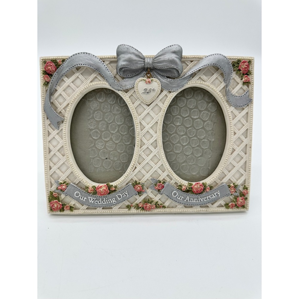 Figi Graphics Double Photo Frame 25th Anniversary Wedding Vintage Silver 8.5x6.5
